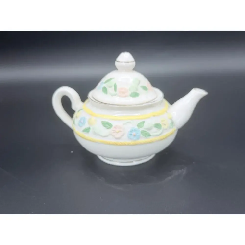 Floral Applique Ceramic Teapot Raised Flowers Yellow Rope Trim 6 Inch